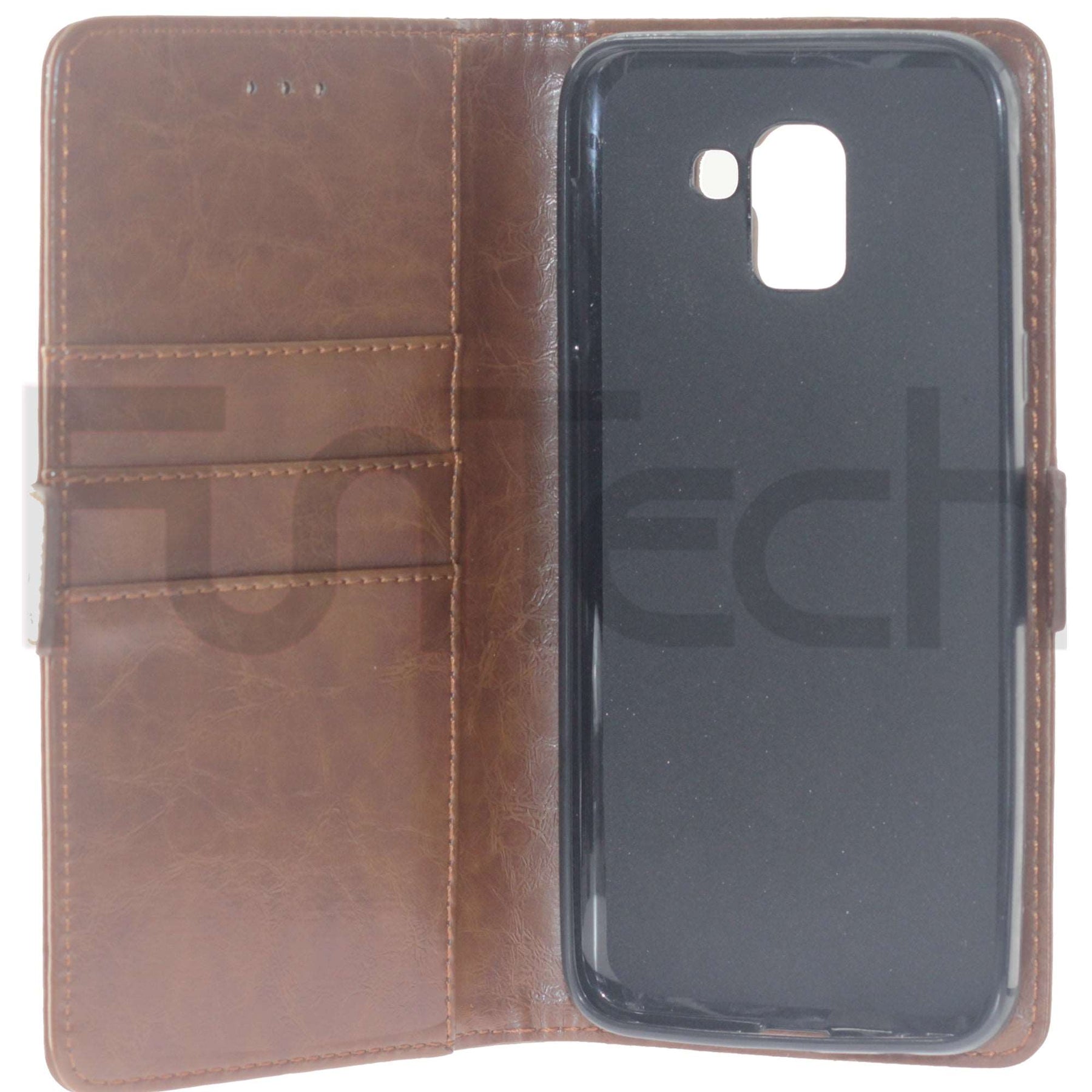 Samsung J8 2018, Leather Wallet Case, Color Brown.