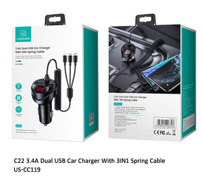 3.4A Dual USB Fast Car Charger With 3in1 Spring Cable | USAMS C22