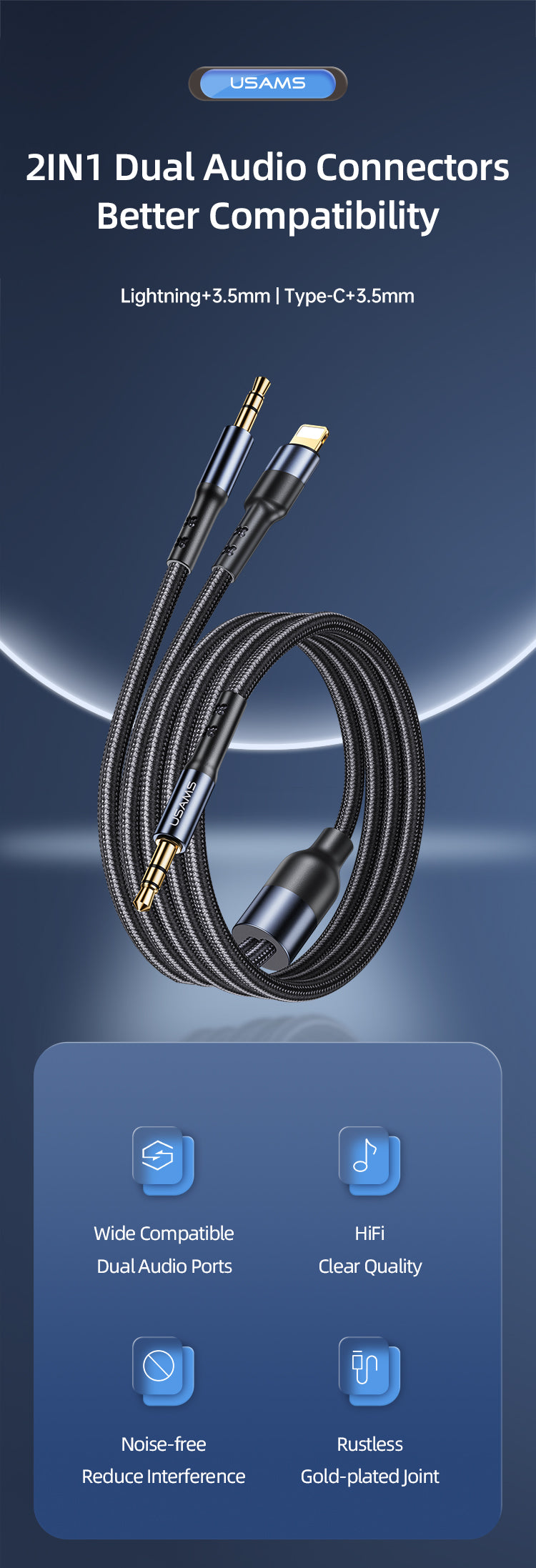 USAMS 2 in 1 3.5mm + Lightning/Type-C to 3.5mm Audio Cable