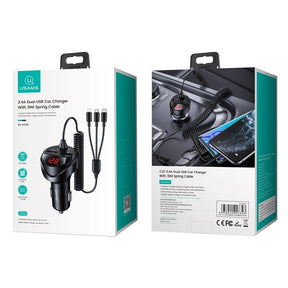 3.4A Dual USB Fast Car Charger With 3in1 Spring Cable | USAMS C22