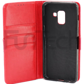 Samsung A8 2018, Leather Wallet Case, Color Red,