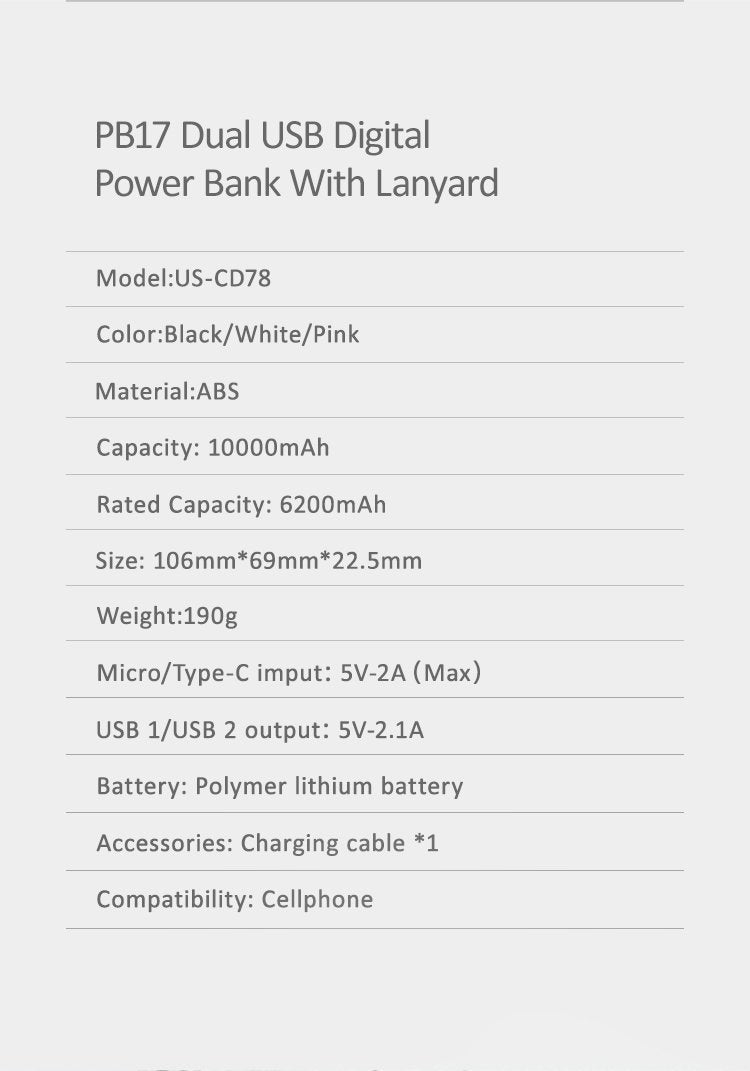 USAMS Power bank 10000mAh PB17 Dual USB Power Bank With Lanyard White