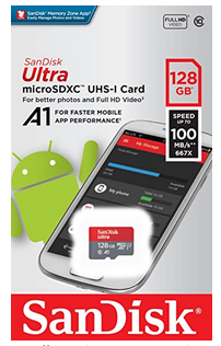 SanDisk Ultra 128 GB microSDXC Memory Card + SD Adapter with A1 App Performance Up to 100 MB/s, Class 10, U1