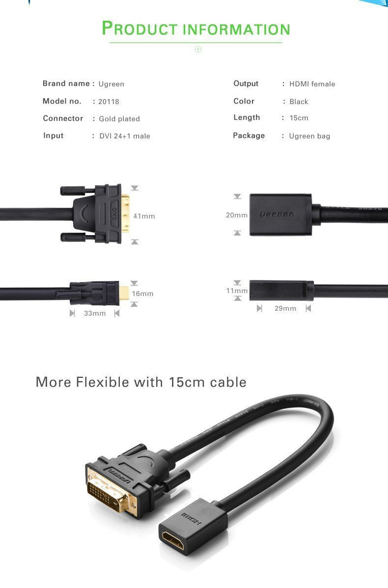 UGREEN DVI Male to HDMI Female Adapter Cable 22cm (Black)