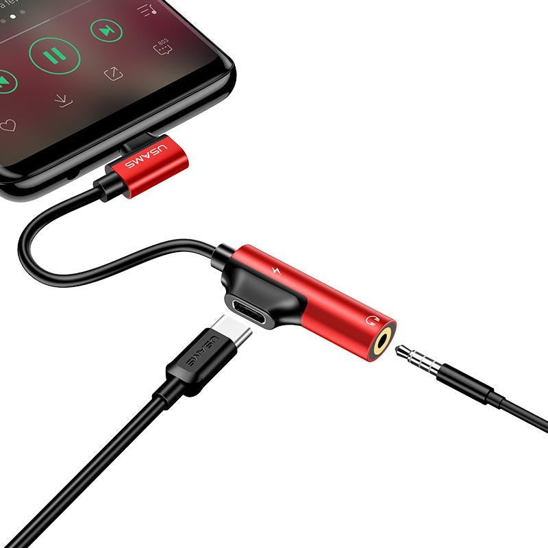 USAMS USB Type C to 3.5mm Jack & USB Type C Adapter Red