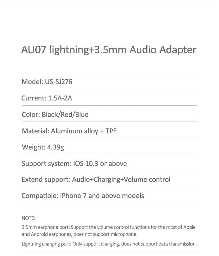 USAMS iPhone Earphone Adapter to Lightning+3.5mm Audio Jack Converter