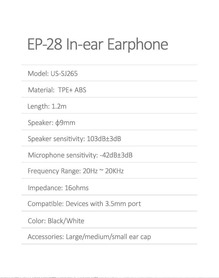 USAMS EP-28 3.5mm Jack In-ear Earphone 1.2m Black
