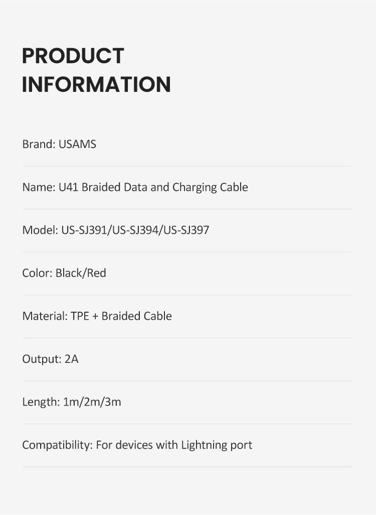 USAMS U41 Braided Lightning Data and Charging Cable 2M 3M